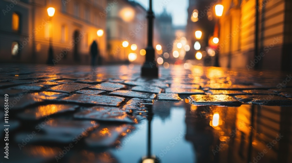 Naklejka premium Night reflection of lamppost on cobbled street during rainy evening