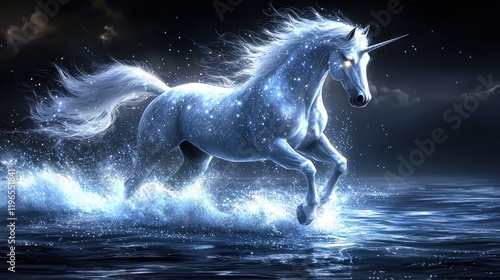 Celestial Unicorn Galloping Ocean, Night. photo