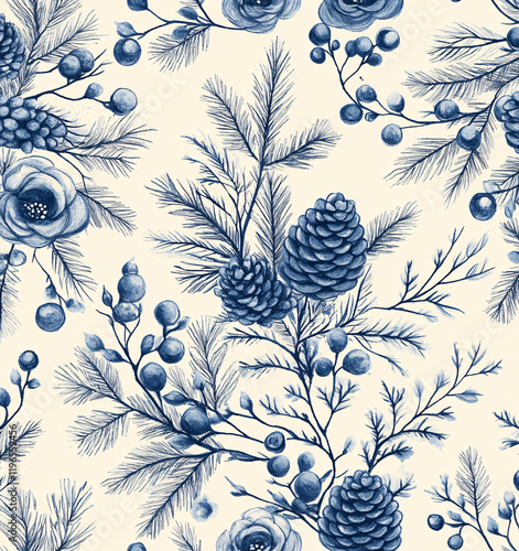 Christmas seamless pattern in engraving style. Vintage. Botanical background with coniferous plants, ferns and berries. Vector illustration. Blue.