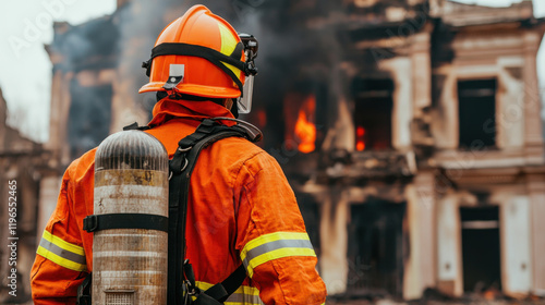Firefighter in orange gear facing burning historical building