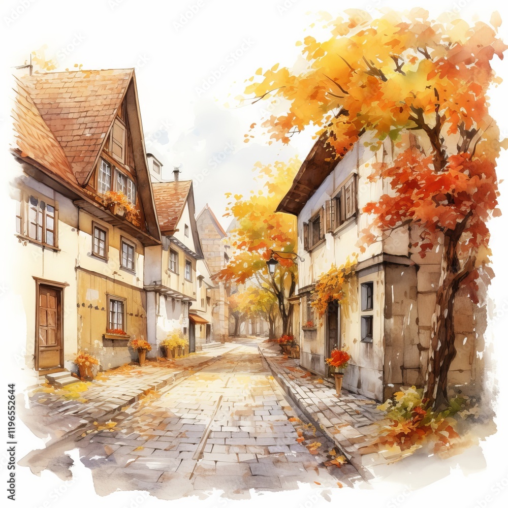 Fototapeta premium A charming watercolor illustration of a medieval village street in autumn. Half-timbered houses with red roofs are surrounded by golden and orange foliage, creating a warm and inviting scene