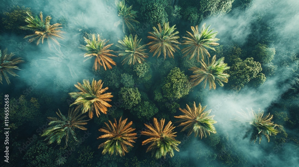 Aerial view of lush tropical palm trees in a misty forest setting nature photography Aerial view of lush tropical palm trees in a misty forest setting nature photography