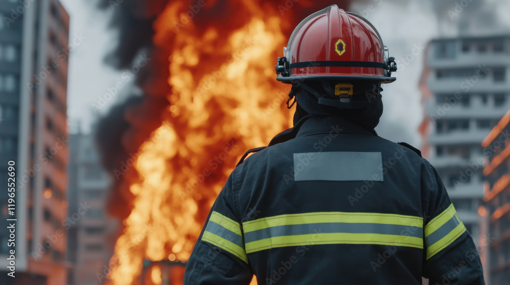 Obraz premium Firefighter observing blazing fire during urban emergency response training