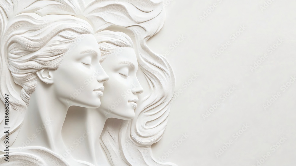 Serene White Relief Sculpture of Two Women with Flowing Hair Serene White Relief Sculpture of Two Women with Flowing Hair