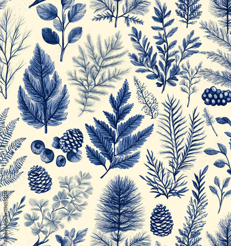 Christmas seamless pattern in engraving style. Vintage. Botanical background with coniferous plants, ferns and berries. Vector illustration. Blue.