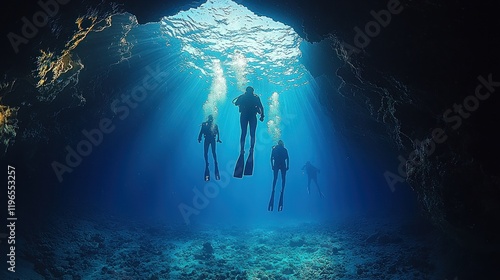 Divers explore underwater cave, sunlight beams, ocean floor.
