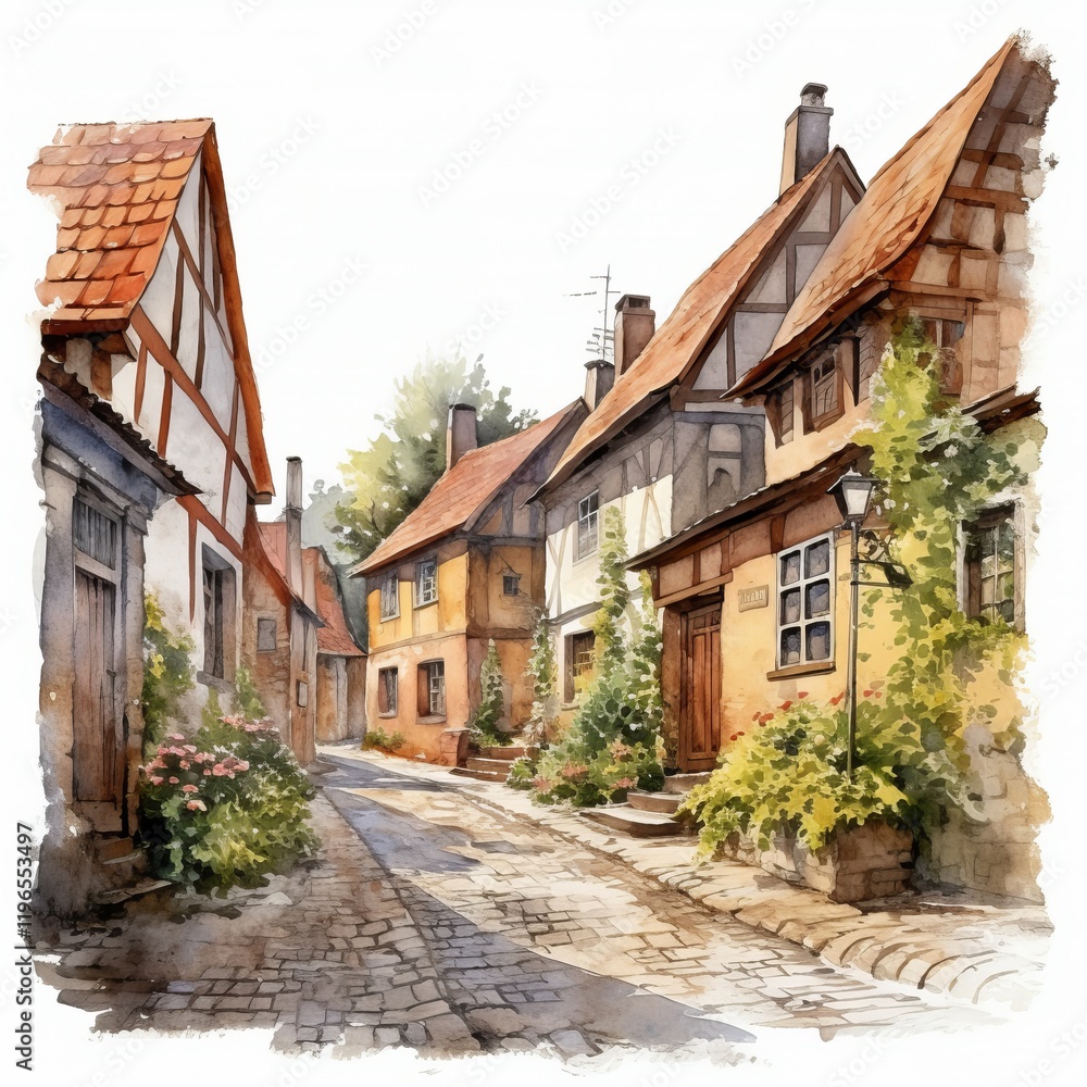 Naklejka premium A delightful watercolor depiction of a medieval village street on a sunny summer day. Half-timbered houses with red tiled roofs line the cobblestone path, adorned with potted flowers and greenery