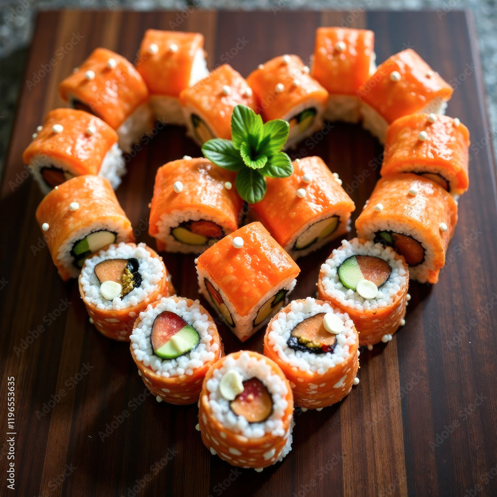 Japanese rolls and heart-shaped sushi. Food for Valentine's Day Japanese rolls and heart-shaped sushi. Food for Valentine's Day