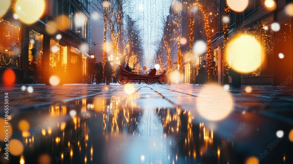 Obraz premium Festive reindeer and sleigh reflection in a sparkling holiday street scene