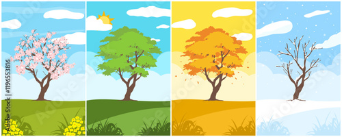 Set trees of four season. Hand drawn isolated illustrations
