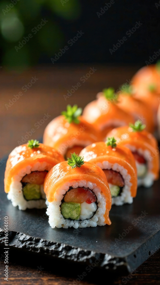Close-up of Japanese rolls and sushi. Food for Valentine's Day. Romantic dinner. Japanese food Close-up of Japanese rolls and sushi. Food for Valentine's Day. Romantic dinner. Japanese food