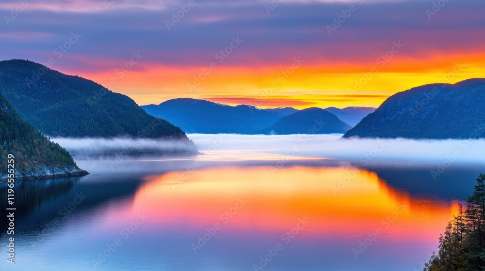 Fototapeta premium Serene landscape at sunrise with misty water and colorful sky.