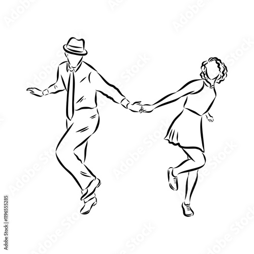 Couple in love dancing and having fun, hand drawn outline illustration. swing dance. vector
