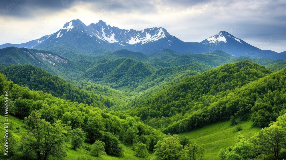 Fototapeta premium Majestic Snow-capped Mountains and Lush Green Valley