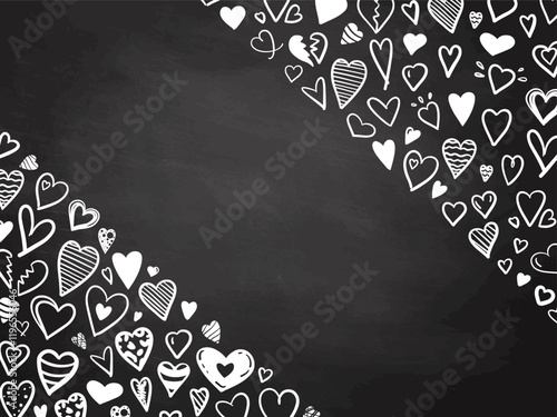 Diagonal heart border design with white doodles on chalkboard background