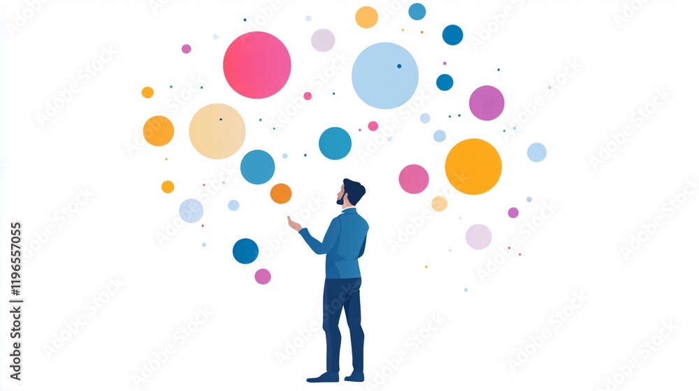 Businessman Gazing at Colorful Bubbles: A Vision of Ideas, Innovation, and Strategic Thinking Businessman Gazing at Colorful Bubbles: A Vision of Ideas, Innovation, and Strategic Thinking