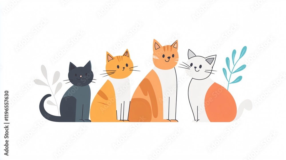 Adorable Cat Quartet: A Whimsical Illustration of Feline Friends Adorable Cat Quartet: A Whimsical Illustration of Feline Friends