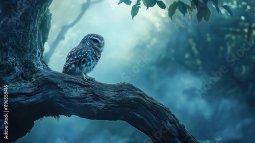 Owl perched on branch, misty forest, calm scene, nature imagery, perfect for book covers photo