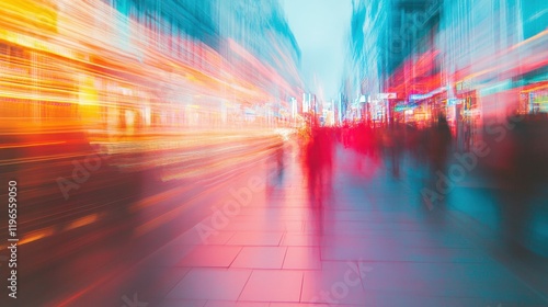Vibrant urban movement in a colorful blurred city shopping street scene