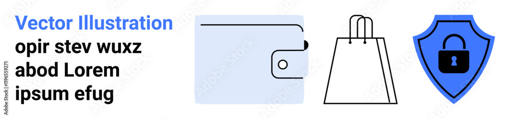 Digital wallet, shopping bag, and shield with lock icons representing secure online transactions. Ideal for e-commerce, cybersecurity, digital payments, shopping, financial security, online Digital wallet, shopping bag, and shield with lock icons representing secure online transactions. Ideal for e-commerce, cybersecurity, digital payments, shopping, financial security, online