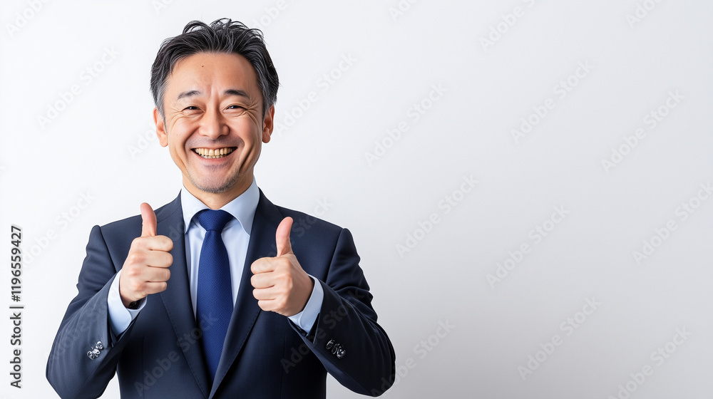 A successful and confident man in a professional outfit, flashing a thumbs up and smiling broadly, with a white background that highlights his positive demeanor. A successful and confident man in a professional outfit, flashing a thumbs up and smiling broadly, with a white background that highlights his positive demeanor.