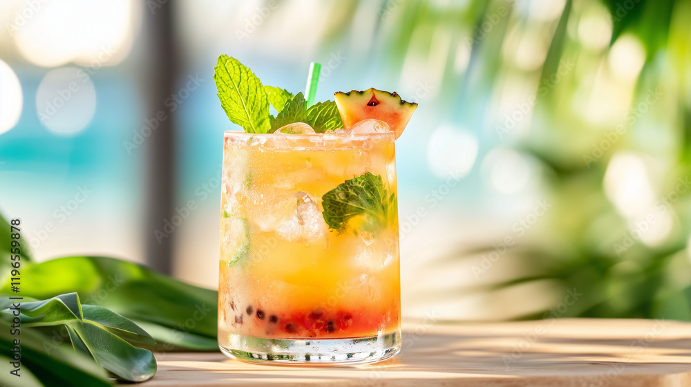 Fototapeta premium A refreshing tropical cocktail, bursting with vibrant colors, on a wooden table with ice cubes, fruit garnishes, and mint leaves, all set against a sunny beach, creating an atmosph