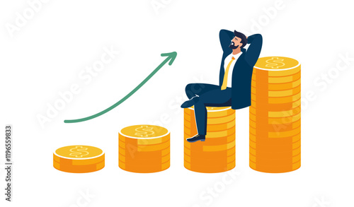 Business. Businessman sitting on growing columns with golden dollar coins. Financial circulation is considered the growth of investment business. Profits increase income, people. Vector illustration