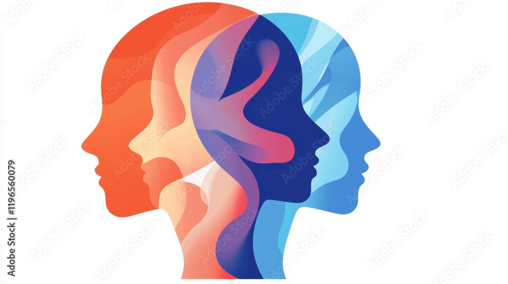 Abstract illustration of three human profiles in vibrant colors, symbolizing diversity, communication, and interconnectedness. Abstract illustration of three human profiles in vibrant colors, symbolizing diversity, communication, and interconnectedness.