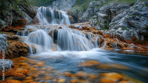 Serene Waterfall in a Mountainous Landscape