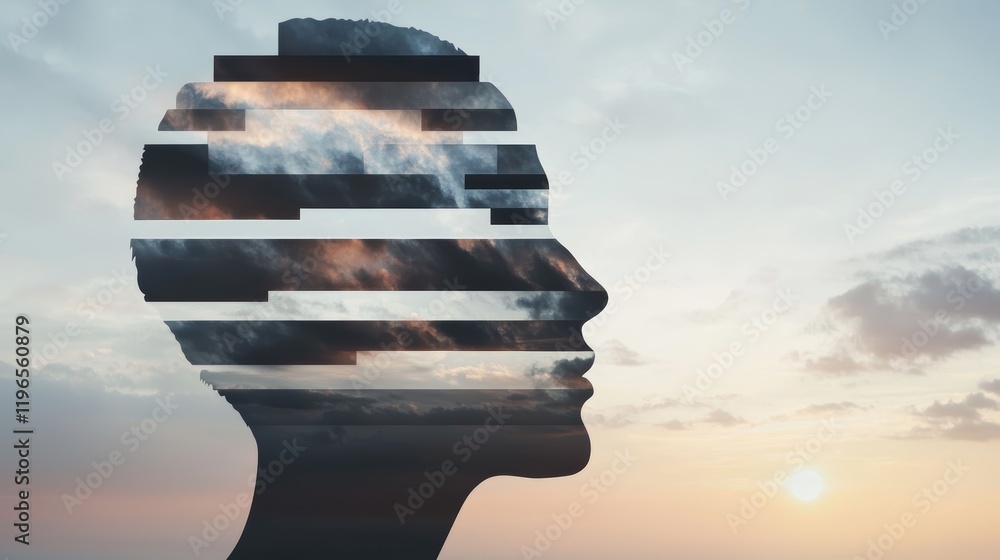 A silhouette of a head layered with clouds and stripes, symbolizing introspection and the connection between mind and nature. A silhouette of a head layered with clouds and stripes, symbolizing introspection and the connection between mind and nature.