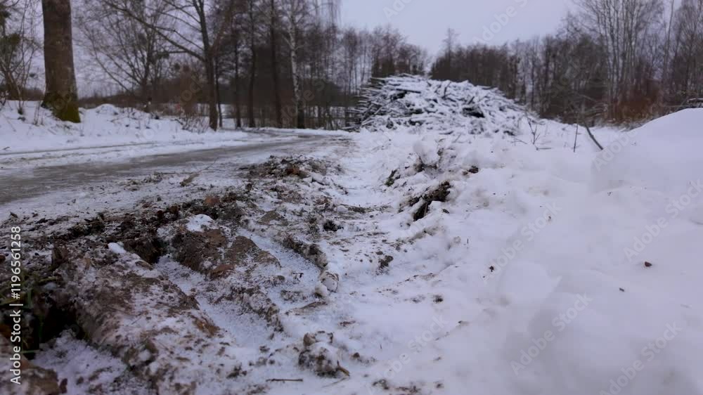 Snow-covered muddy road in a forest with bare trees and piles of logs, creating a rugged winter landscape in the countryside Snow-covered muddy road in a forest with bare trees and piles of logs, creating a rugged winter landscape in the countryside