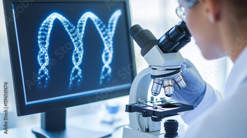 In a futuristic genetic research lab, a young scientist studies a genetic sample under a microscope while recording insights on a computer. The laboratory's modern equipment highli photo