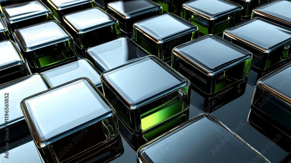 Abstract composition of glass cubes reflecting light in shades of green and black. Abstract composition of glass cubes reflecting light in shades of green and black.