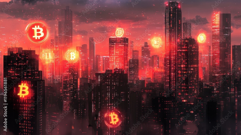 Obraz premium Crypto Cityscape: A Futuristic Metropolis Illuminated by Bitcoin Symbols at Dusk