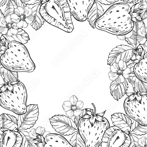 Strawberry vector black and white frame hand drawn with ink. Border with leaves, berries of raspberry on a white background. Template for label design