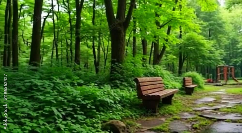 An abandoned city park now transformed into a dense jungle with rusted benches and broken paths hidden beneath wild plants and a green canopy, showcasing nature's reclamation of urban space An abandoned city park now transformed into a dense jungle with rusted benches and broken paths hidden beneath wild plants and a green canopy, showcasing nature's reclamation of urban space