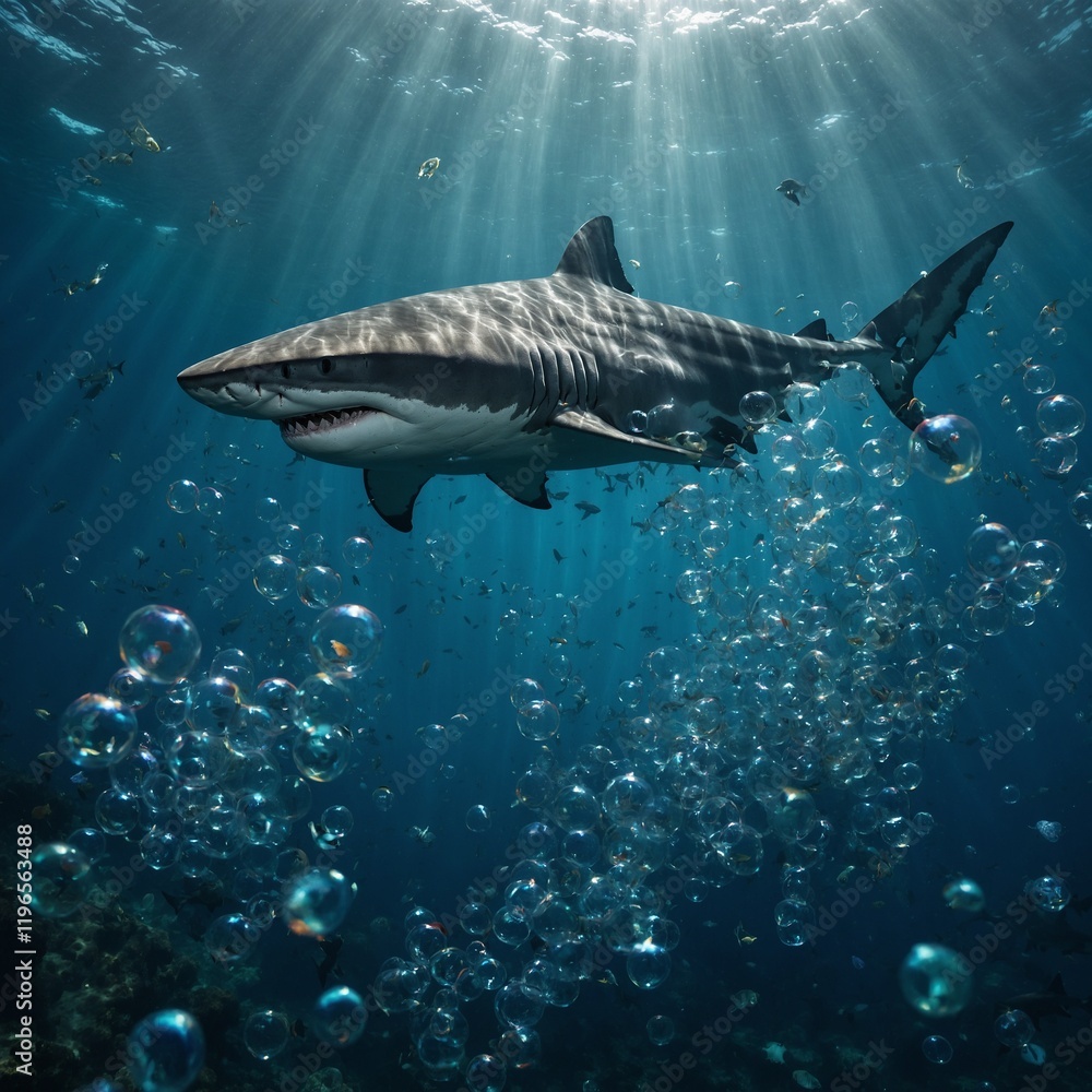 Naklejka premium A shark surrounded by sparkling bubbles, as if in a dreamlike underwater fantasy.