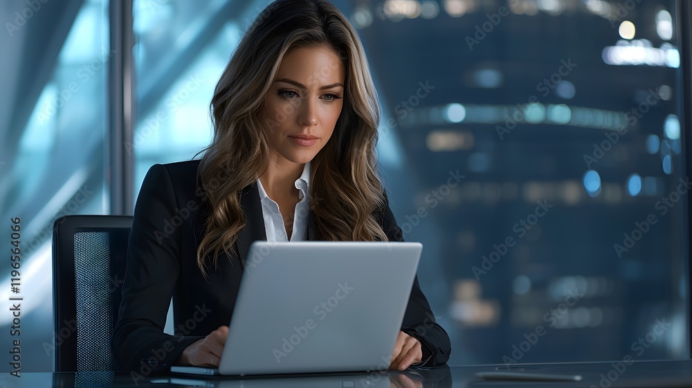 A businesswoman is analyzing a chart on a laptop in a contemporary office. The atmosphere is clean, professional, and calm. A businesswoman is analyzing a chart on a laptop in a contemporary office. The atmosphere is clean, professional, and calm.