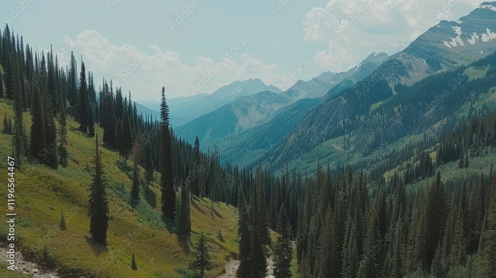 Fototapeta premium Aerial view of drone over dense coniferous forest showcasing vibrant greenery and nature