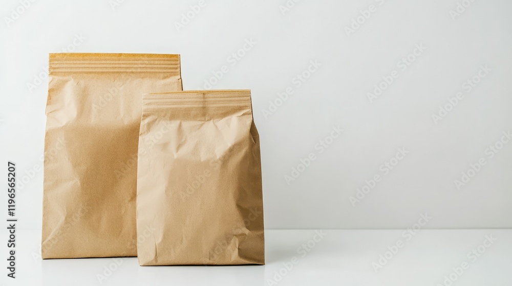 Small and large brown paper bags for packaging, presented on a clean and bright white backdrop Small and large brown paper bags for packaging, presented on a clean and bright white backdrop