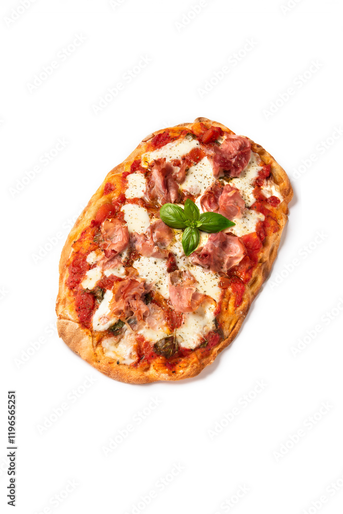 Pinsa romana condita con sugo, mozzarella e prosciutto cotto Pinsa romana condita con sugo, mozzarella e prosciutto cotto