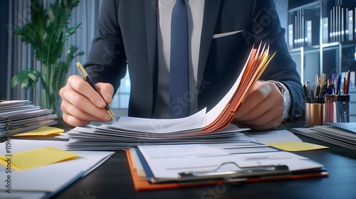 The manager is diligently sorting and organizing important documents in a filing cabinet, emphasizing order and proper documentation management.