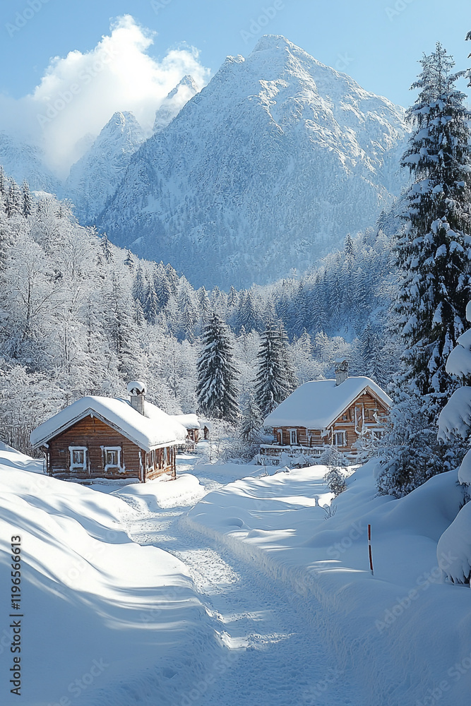 Fototapeta premium Snowy Mountain Cabins Winter Wonderland Scene