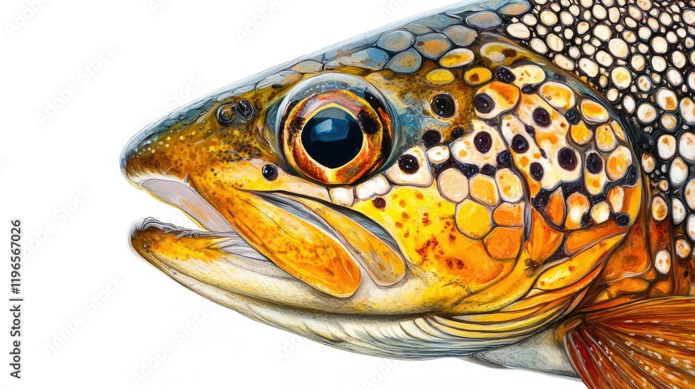 The unique speckled beauty of a brown trout captured in a close-up view against a bright white background The unique speckled beauty of a brown trout captured in a close-up view against a bright white background