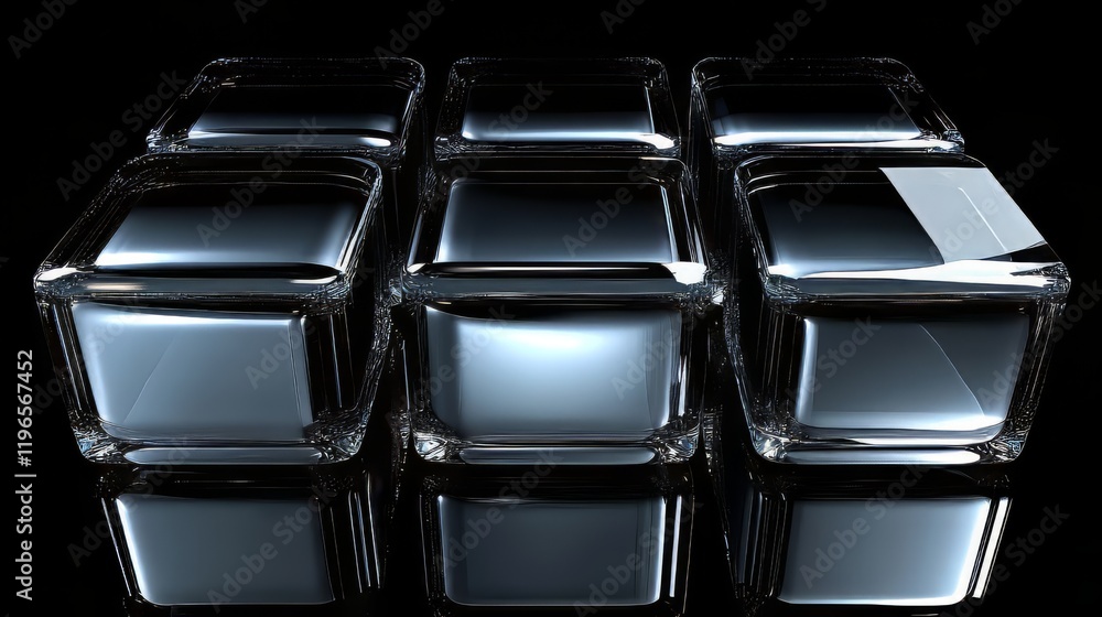 Fototapeta premium Six transparent glass cubes arranged on a reflective surface.