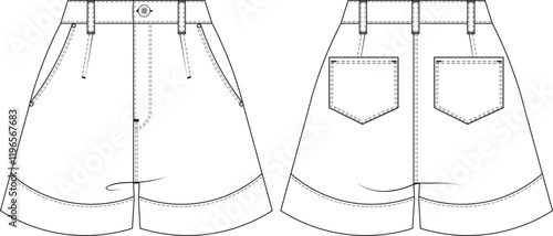 with pockets tailored darted mid high rise waist mini loose denim jean short template technical drawing flat sketch cad mockup fashion woman design style model 
