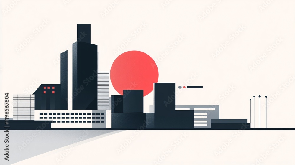 Obraz premium Abstract Cityscape: Geometric Shapes and Minimalist Architecture at Sunset