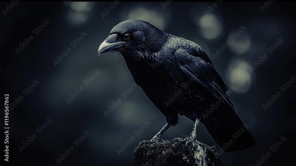 Fototapeta premium Majestic Raven Perched on Rock, Dark Moody Atmosphere