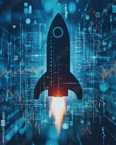 Digital Rocket Launch:  Innovation and Technological Advancement in a Futuristic Datascape photo