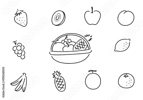 手描きのアイコン風フルーツの線画セット